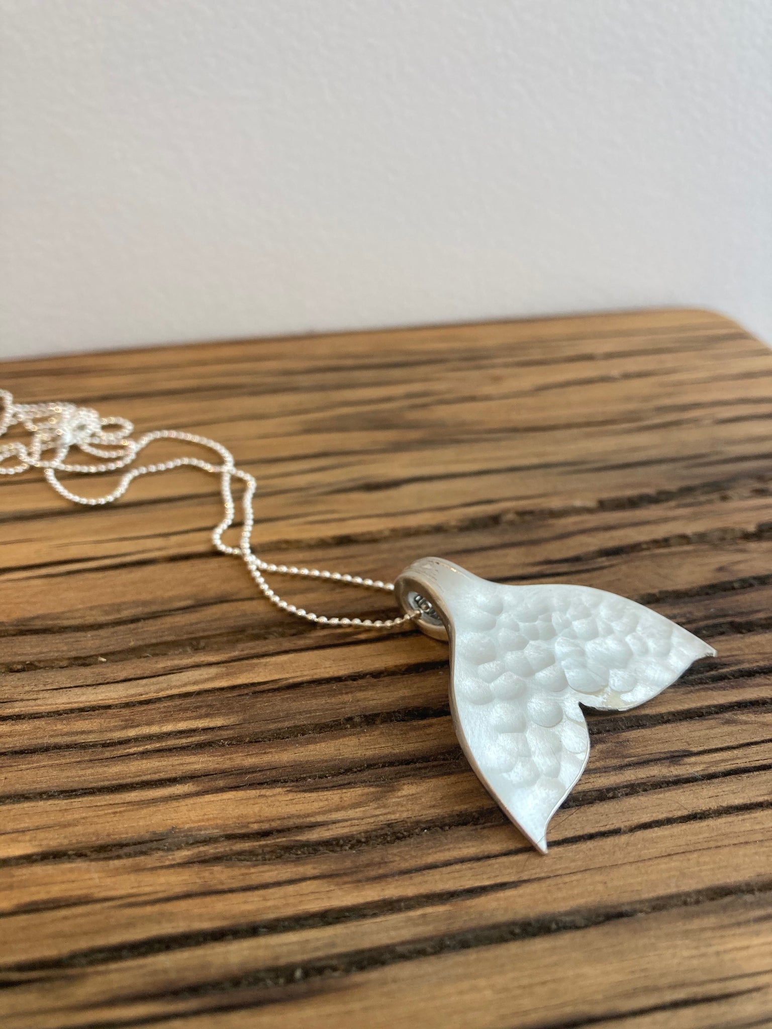 whale tail pendant hammered texture made from a vintage spoon on silver chain