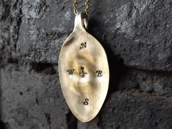 Vintage spoon compass letter stamped pendant